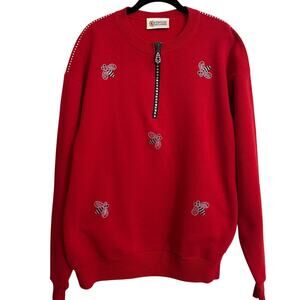 Vintage Christine Alexander Red Embellished Bee Quarter Zip Sweatshirt